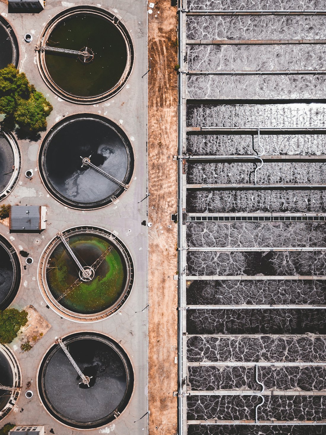 Aerial view of water treatment clarifier tanks